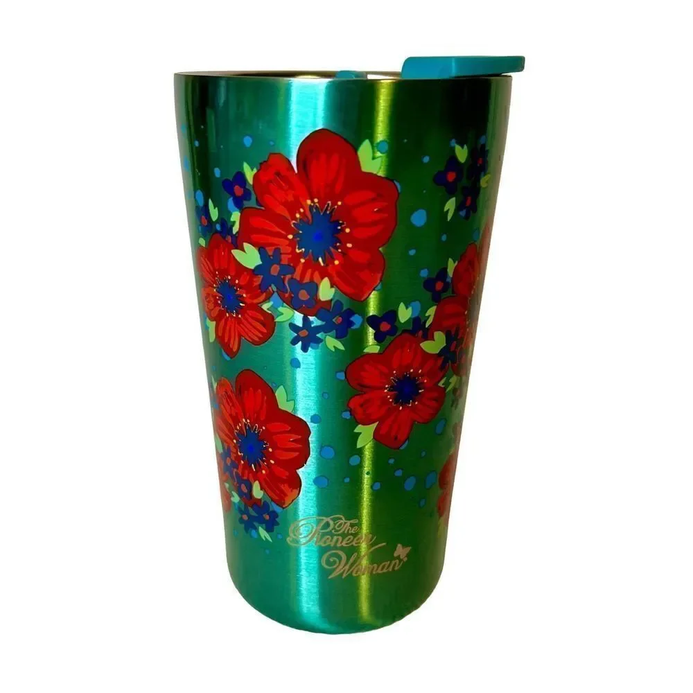 Pioneer Woman Teal W/Red Flowers Stainless Steel Travel Mug With Lid 20 Oz